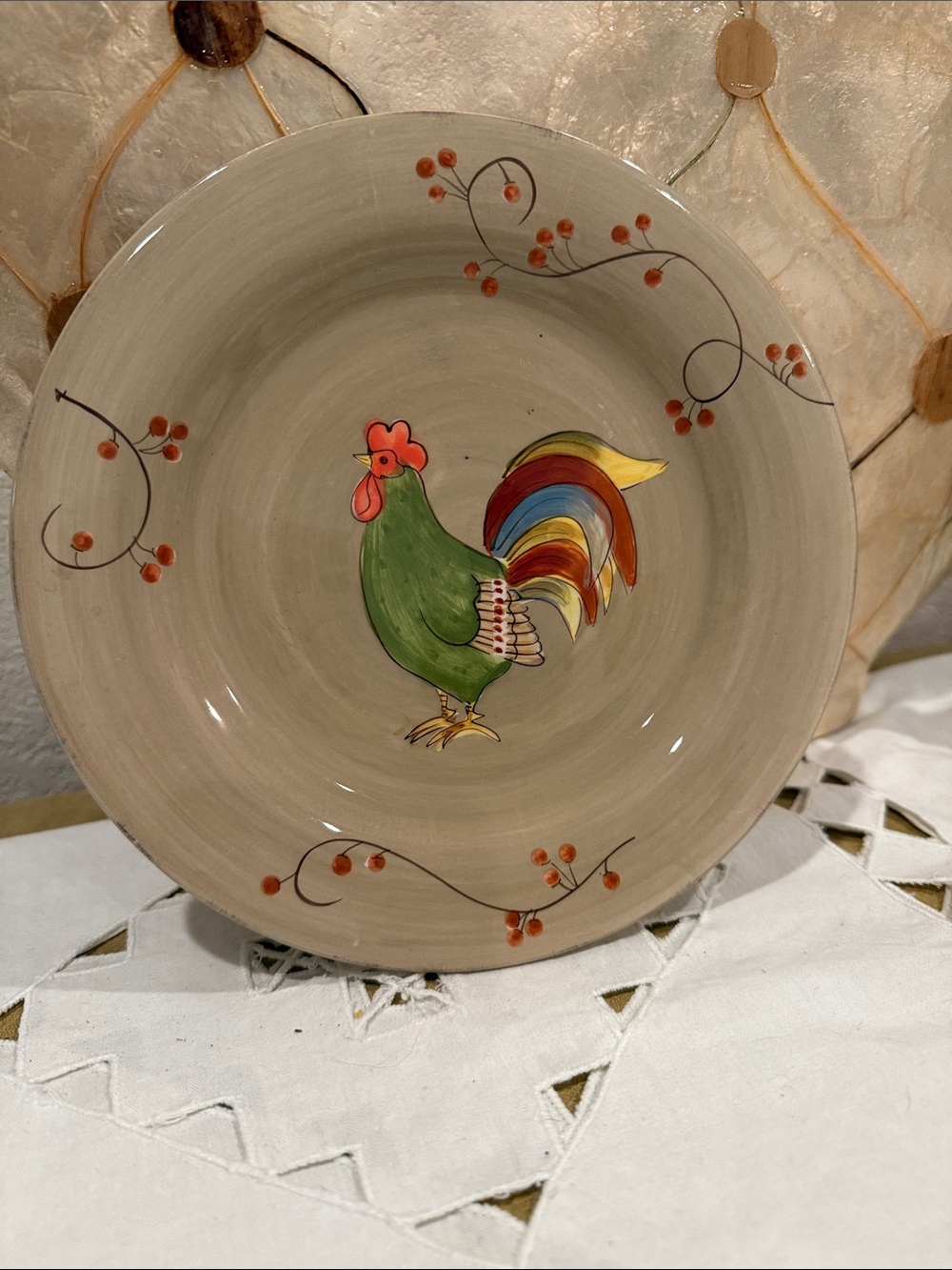 Hand-Painted Ceramic Serving Bowl with Green Rooster Motif